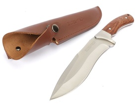Нож 16см с сатиновым лезвием, деревянная рукоятка , кожаные ножны SWISS+TECH